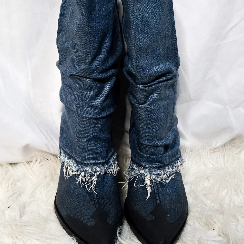 Diesel Denim Foldover Cowboy Boots Y2K 90s Grunge Pointed Toe - Picture 5 of 9